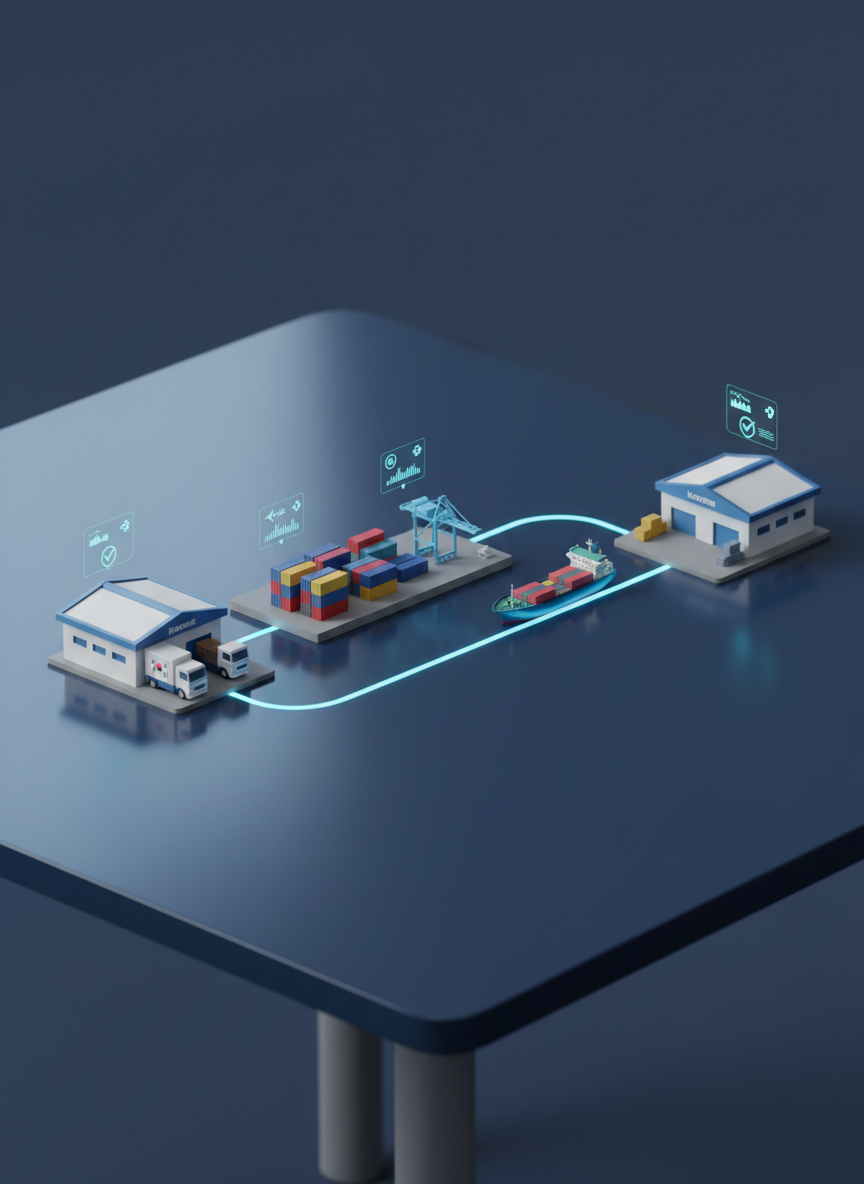 A professional, photographic realism visualization of a door-to-door international delivery route for cargo between Korea and China, represented without any people or text. On a glossy dark-blue table, a detailed 3D miniature setup shows a small cargo truck model departing a stylized warehouse, following a thin illuminated route line to a miniature port with stacked containers, then onward to a tiny cargo ship and finally to a second warehouse. Subtle glowing icons above each stage suggest tracking and status, but contain no letters or numbers. Soft studio lighting from one side creates controlled highlights on the models and gentle shadows, emphasizing depth. Shot from a slightly elevated angle, the mood is modern, reliable, and tech-driven, ideal for explaining one-stop logistics service visually.