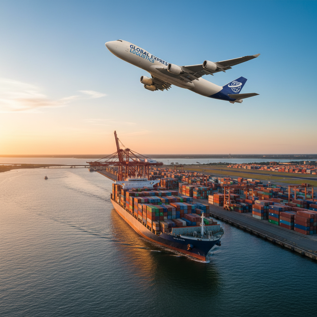 A dramatic, photographic realism scene of integrated sea and air freight for an international logistics company. In the lower half, a container ship loaded with multicolored containers glides through a calm harbor beside a container terminal. In the upper half of the frame, a large cargo aircraft climbs into a clear blue sky, angled diagonally as if just departed from a nearby airport. Soft golden-hour light warms the ship’s hull and the plane’s fuselage, casting gentle reflections on the water. Captured from a slightly elevated, wide-angle viewpoint, the image balances both modes of transport in a dynamic, diagonal composition. The mood is confident and forward-moving, emphasizing full-service international logistics without showing any people.