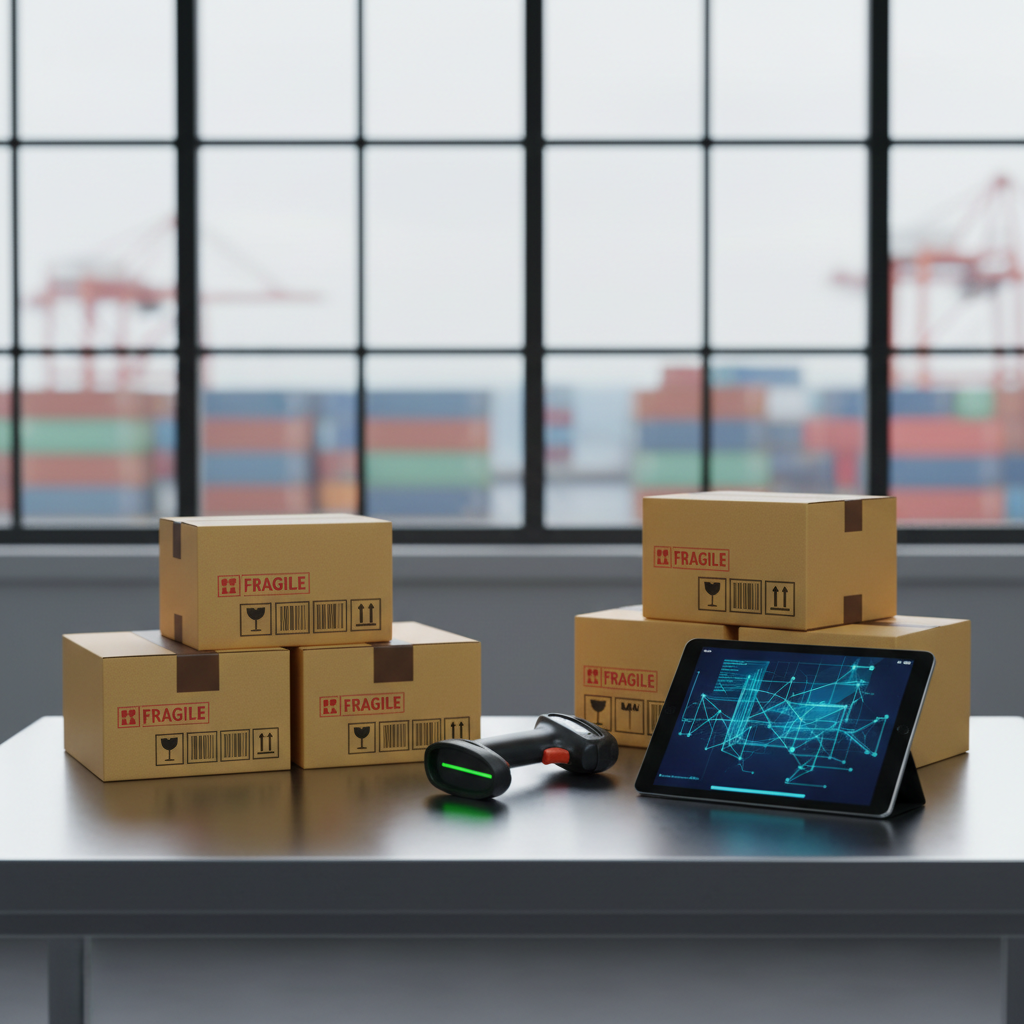 A meticulous close-up, photographic realism shot of export-import cargo inspection and customs readiness without showing any people. On a polished metal table inside a customs inspection zone, various neatly arranged cardboard cartons with printed barcodes and fragile symbols sit beside a rugged handheld barcode scanner and a tablet device displaying abstract data graphics with no readable text. Behind them, blurred stacks of containers are visible through a large industrial window, hinting at the port outside. Cool, diffused overhead lighting creates soft reflections on the tablet screen and scanner, with gentle shadows under the boxes. Shot at a low, three-quarter angle with shallow depth of field, the composition focuses attention on the cargo and tools, conveying precision, compliance, and professional customs handling.