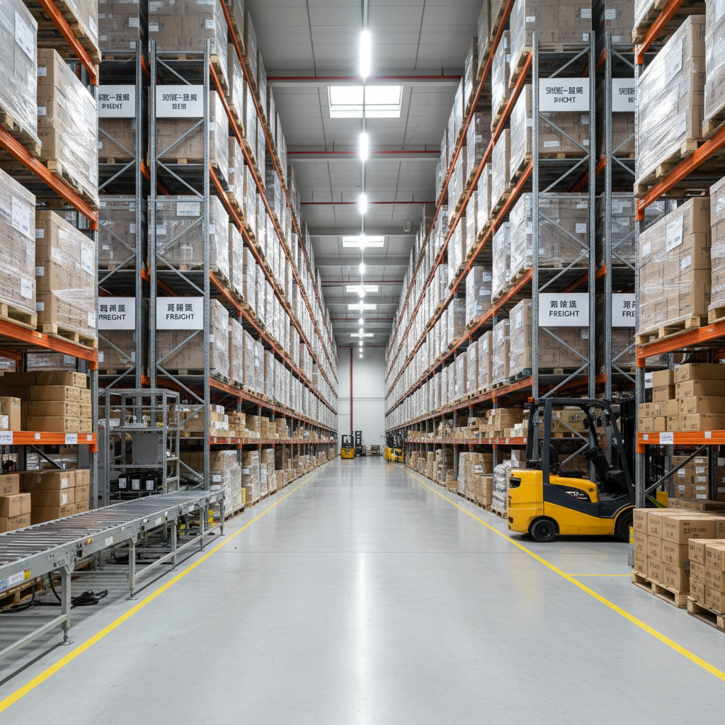 A spacious, ultra-organized logistics warehouse interior specializing in Korea–China freight, captured in photographic realism. Tall metal racks hold neatly wrapped pallets and labeled cartons in neutral tones, forming symmetrical aisles that stretch into the distance. Electric forklifts and conveyor lines are positioned strategically but at rest, suggesting readiness and efficiency. Cool, bright LED ceiling lights create even, shadow-free illumination, highlighting the clean, polished concrete floor. Shot from eye level down a central aisle, the composition uses strong perspective lines to create depth and a sense of scale. The atmosphere is professional, orderly, and high-tech, ideal for communicating trustworthy storage and distribution capabilities. No people appear; the focus is entirely on the pristine facility and equipment.